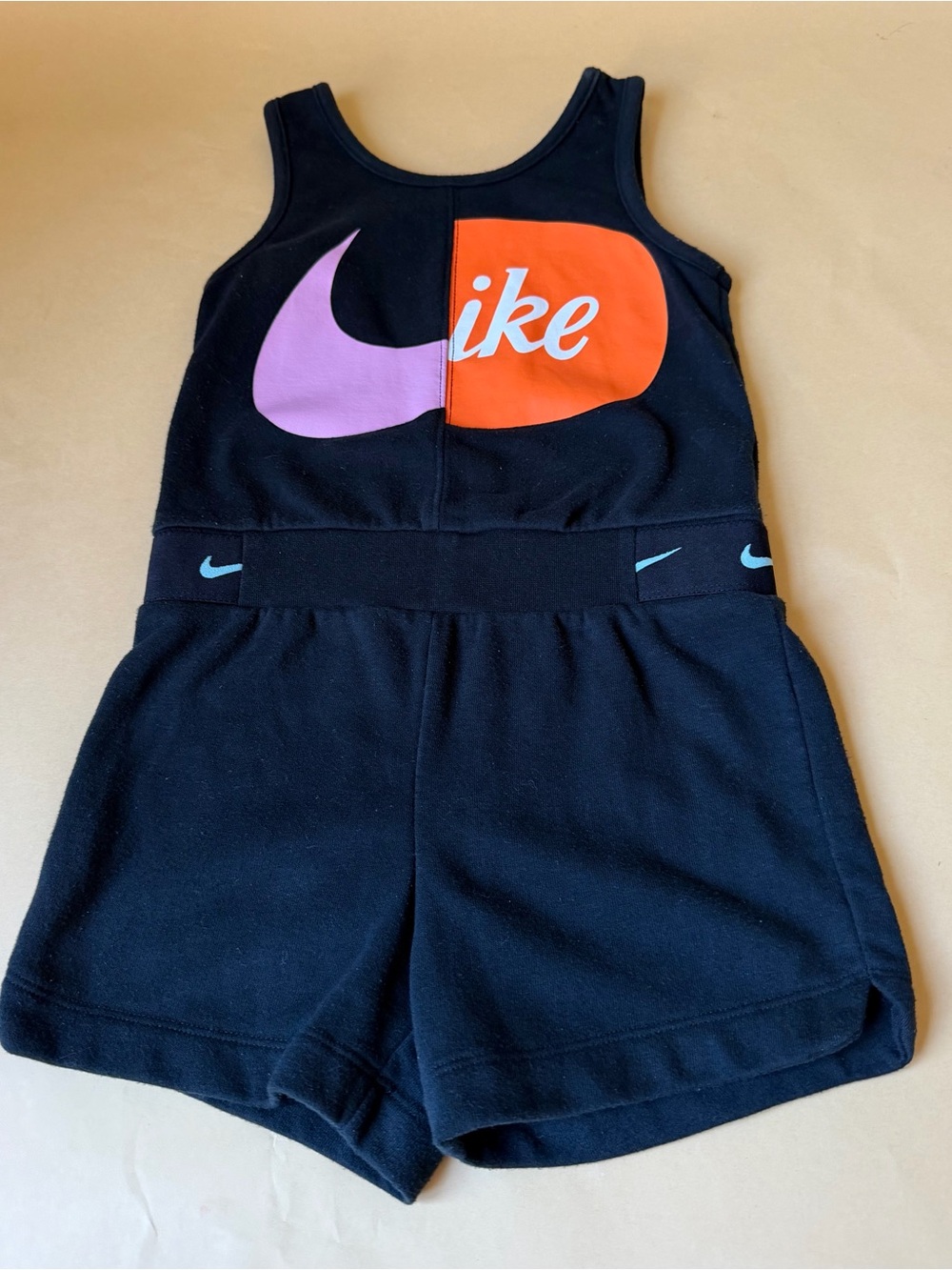 Nike Girls Romper Sz 6X/L (6-7Y) Black Purple Orange Swoosh